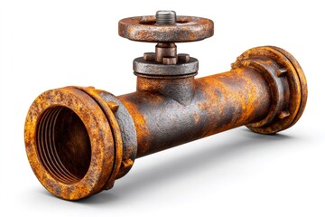 Rusty metal pipe with valve on white background