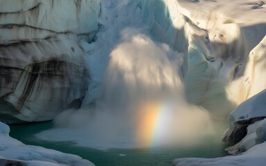 Dramatic glacial meltwater waterfall creating a rainbow mist in a turquoise glacial lake surrounded by ice formations