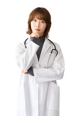 考えごとをする女性医療スタッフ（背景透過PNG）