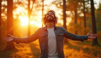 Man with arms outstretched in sunlit forest at dusk, embracing life with pure joy, overwhelming happiness. He feels free, energized, utterly content in nature, experiencing moment of deep bliss.