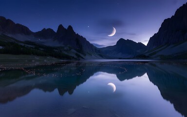 Stunning crescent moon reflecting over a calm mountain lake under a deep blue twilight sky