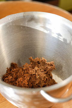 Making dough, baking and slicing rya homemade bread on kitchen