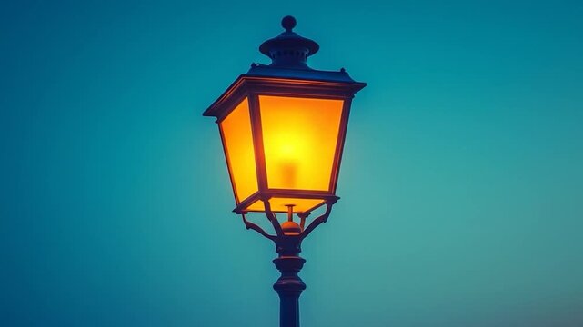 Ornate lantern glows warm amber against a deep teal twilight sky