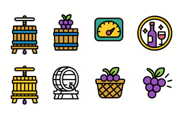 Obraz premium Wine making filled icon set: vineyard, grapes, barrel, and winery collection