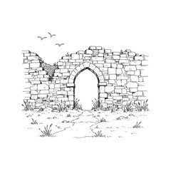 Hand drawn ink sketch of ancient stone castle ruins with an archway and crumbling walls, isolated architectural illustration on white paper texture background.
