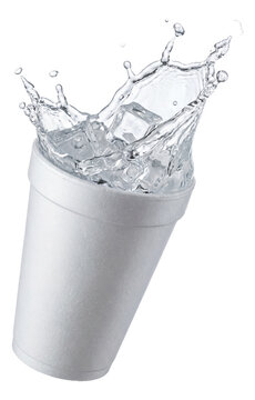 Ice in a styrofoam cup as liquid hits with visible force.