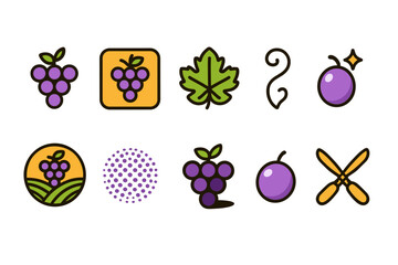 Obraz premium Grapes, vineyard flat icon set. Wine, fruit icons collection in flat design