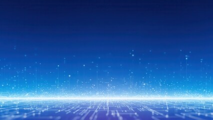 Abstract Digital Network Background with Glowing Lines and Particles on Blue.