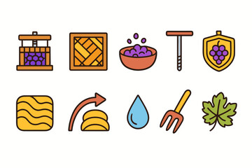 Obraz premium Wine making flat icon set. Vineyard, grapes, wine production icons flat collection