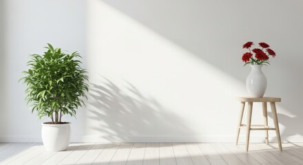 Minimalist indoor plant and flower arrangement in bright sunlight casting shadows on a white wall and wooden floor