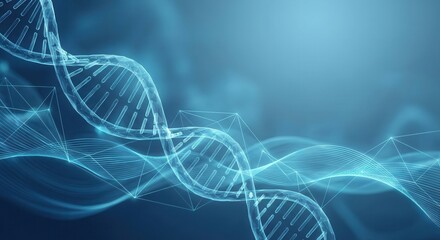 Abstract DNA double helix structure with glowing blue waves and genetic code visualization.