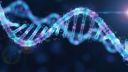 Abstract DNA double helix structure with glowing particles on a dark background, representing genetic engineering and scientific research.