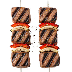 Two grilled steak and vegetable skewers isolated on transparent background