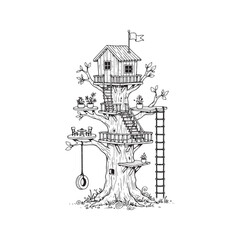 Hand drawn ink sketch of a playful wooden treehouse with ladders, platforms, and a tire swing, isolated on white paper texture background.

