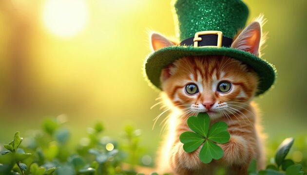 Cute ginger kitten wears green leprechaun hat, holds shamrock clover. Adorable pet sits in green grass with sunny bokeh background. Festive St. Patricks Day theme.