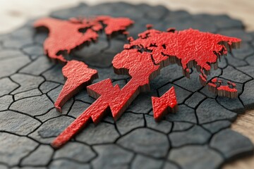 selective focus global economy map showing recession trends with arrows