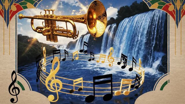 Surreal Floating Trumpet Pouring Musical Notes Waterfall on Textured Paper