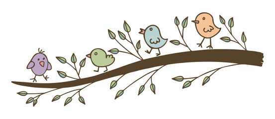 Birds on a branch of a spring tree with leaves. Spring  cute background, elements for Decoration. Hand drawing doodles. Children's drawing style