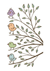 Birds on a branch of a spring tree with leaves. Spring  cute background, elements for Decoration. Hand drawing doodles. Children's drawing style