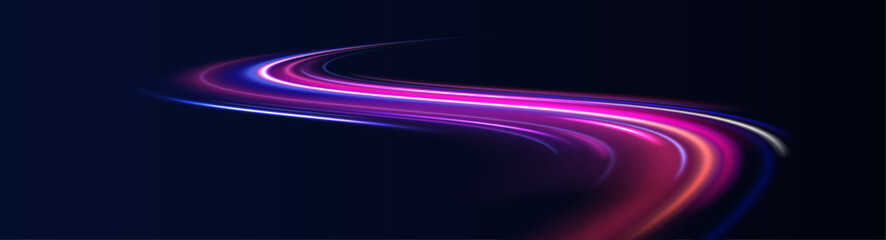 Road swirl color line light motion traffic speed city night.
