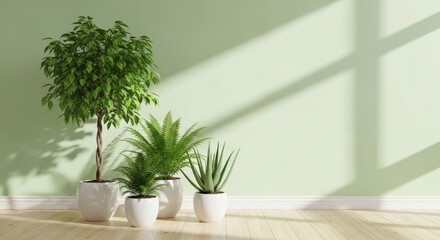 A collection of potted houseplants casting shadows against a mint green wall, bathed in sunlight