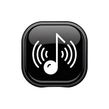 Glossy black button icon featuring a white musical note and sound waves