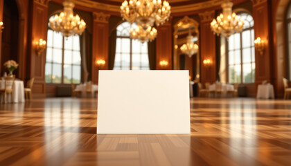 Elegant Ballroom with Central Blank Sign and Warm Lighting