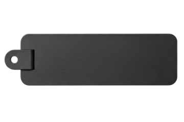 Blank black rectangular leather luggage tag with strap loop on a transparent background