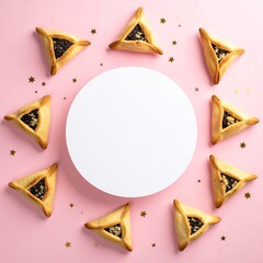 Hamantaschen cookies arranged around a blank white circle on a pink background