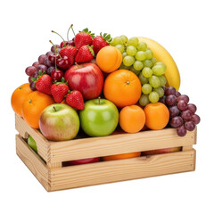 Assortment of fresh fruits in a wooden crate isolated on transparent background