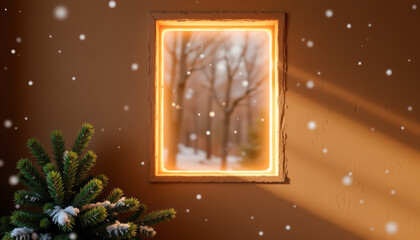 Cozy Wintry Window with Snowy Scene and Festive Decor