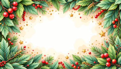 Festive Holiday Border with Greenery and Sparkling Accents