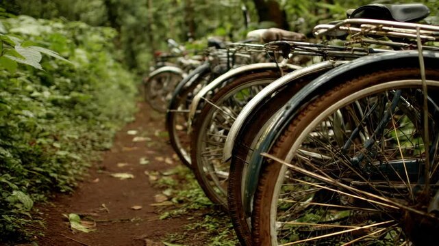 Row Of Bicycles Parked On Narrow Mud Path In Green Forest With Overcast Lighting, Rustic Style and Forest Background