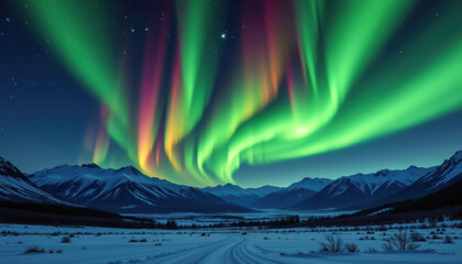 Northern Lights Over Snowy Mountain