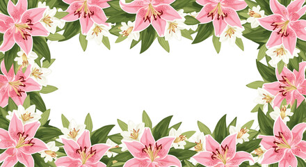 Fototapeta premium Beautiful floral frame border made of pink and white lily flowers with lush green leaves, perfect for invitations and cards.
