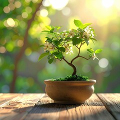 A small bonsai tree with white flowers, in a brown pot, sits on a wooden table, bathed in sunlight, with a blurred background of a lush garden