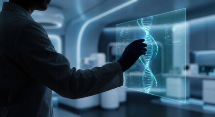Scientist Interacting with Holographic DNA Strand in Futuristic Laboratory.