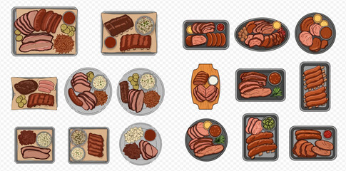 Collection of various barbecue meat dishes with sides, top view illustrations.