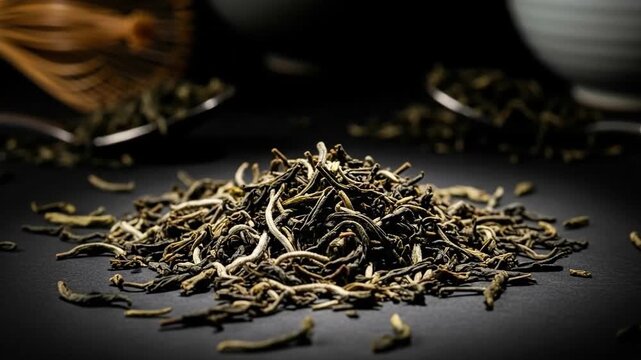 Close-up of Loose Tea Leaves on a Dark Surface