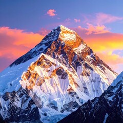 Majestic mountain peak at sunset.  Sunrise hues paint the snow-capped summit, dramatic clouds.  Vast mountain range