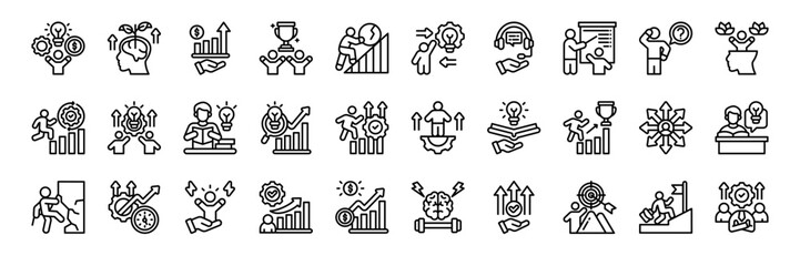 Upskills icon collection line style. containing Skills, Upskill, Mental Growth, Growth, Achievement, Struggle, Proactive, Assistance, Training, people, teamwork, employee