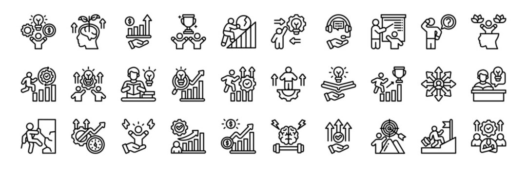 Upskills icon collection line style. containing Skills, Upskill, Mental Growth, Growth, Achievement, Struggle, Proactive, Assistance, Training, people, teamwork, employee