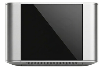 Modern silver desktop computer tower with black panel on a transparent background