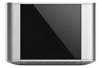 Modern silver desktop computer tower with black panel on a transparent background