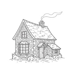 Hand drawn ink sketch of a cute rustic stone cottage with a smoking chimney on white background.
