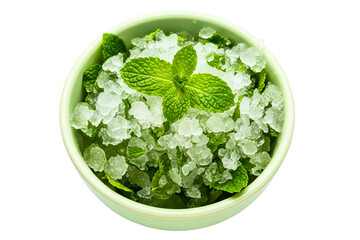 Green ceramic bowl filled with crushed ice and mint leaves on a transparent background