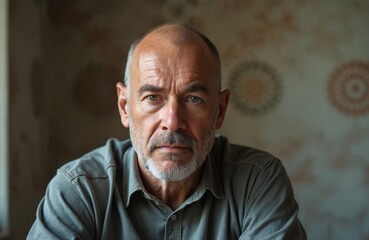 Obraz premium Mature caucasian man aged 40-50 with graying beard and hair looks seriously at camera. Adult guy poses indoors against patterned wall. He has a confident, strong and calm expression.