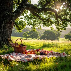 Picnic under a sprawling oak tree. Lush meadow, vibrant fruits in a woven basket, sunlight filters through leaves