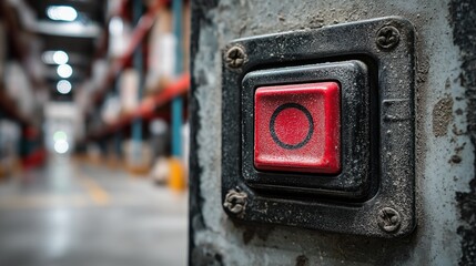 Dusty Red Emergency Stop Button In Warehouse