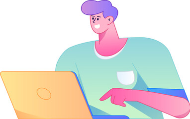 Vector flat gradient illustration of a person working on a computer while working remotely.
